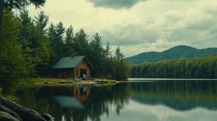 Obraz premium Peaceful log cabin by a lake surrounded by lush greenery