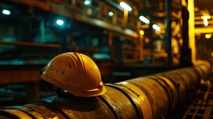 Helmet beside a stack of pipes with shallow depth of field and soft lighting