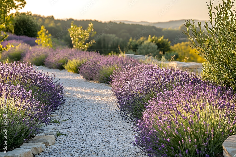 Poster pathway lined with lavender in a tranquil garden setting generative ai