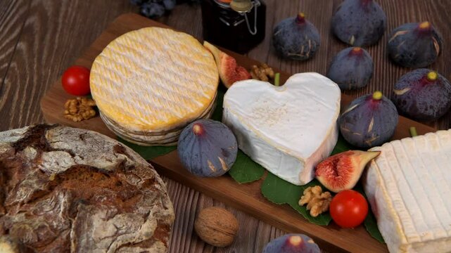 Selection of French cheeses from Normandy, AOP, Livarot, Neufchatel, Pont l'eveque, Pain de seigle, figs, walnuts, grapes, elderberry gelee. High quality 4k footage