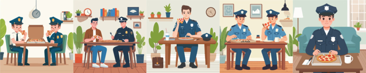 police young man character vector eating pizza
