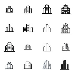 Fototapeta premium Modern Skyscraper and Office Building Icon Set – Black Minimalist City Architecture Symbols