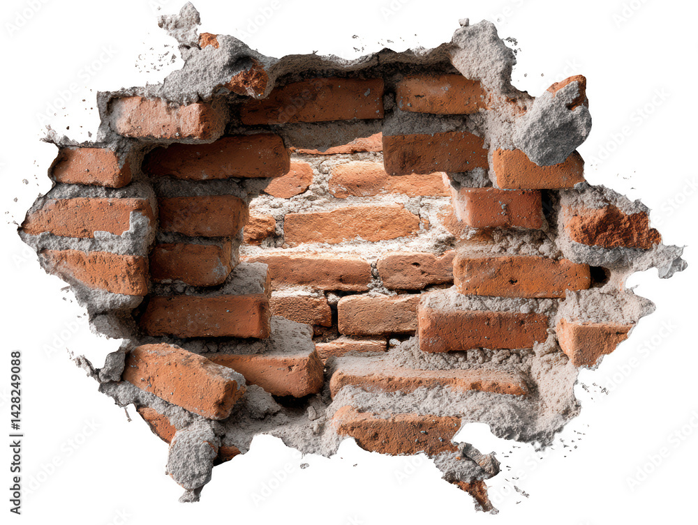Poster broken brick wall hole texture background design element old red gray on transparent background
