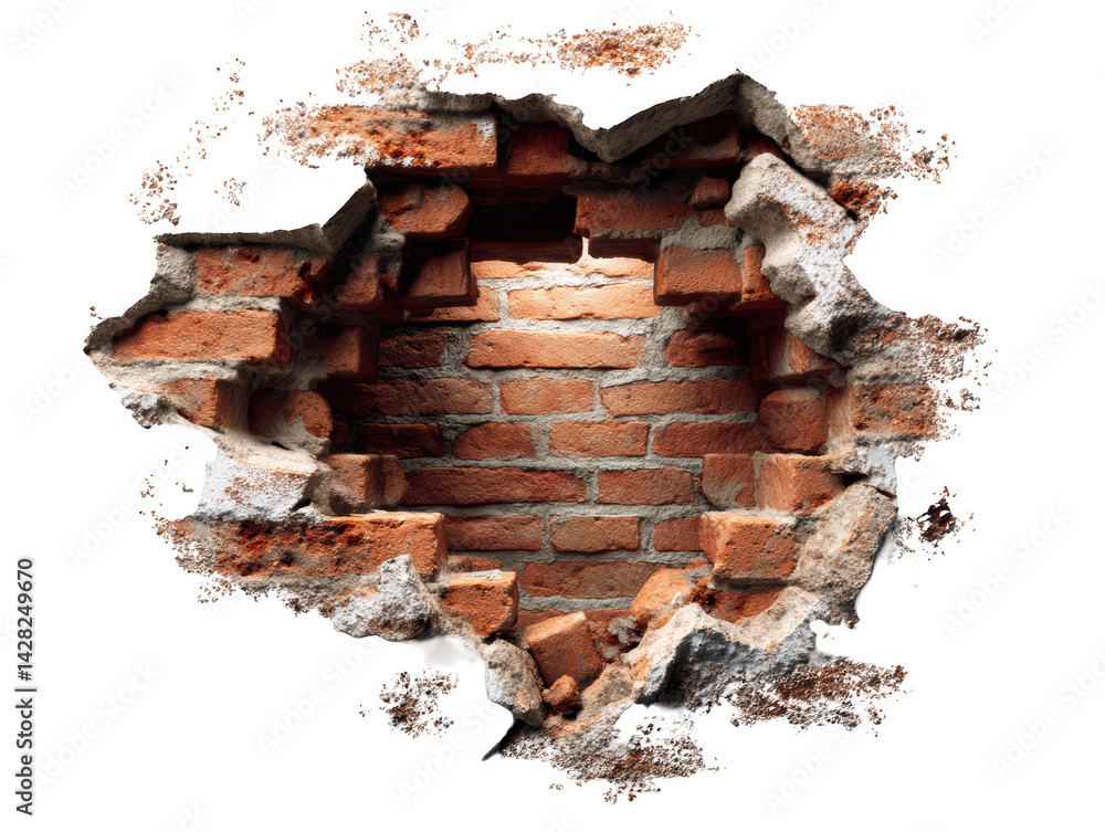 Poster broken brick wall hole background texture image design element red old on transparent background