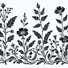 Hand drawn wild flowers Botanical drawing. line art grasses, stems illustration. Black and White Meadow herbs. Herbaceous blooming plants. Set of outline doodle floral sketch Leaves