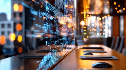 Abstract view of a futuristic office meeting room, blurred city lights outside, focused on the digital code textures on the walls. The digital frontier of business.