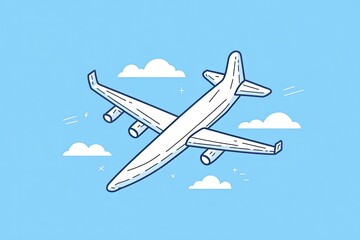 Isometric illustration of a white airplane flying in a blue sky with clouds.