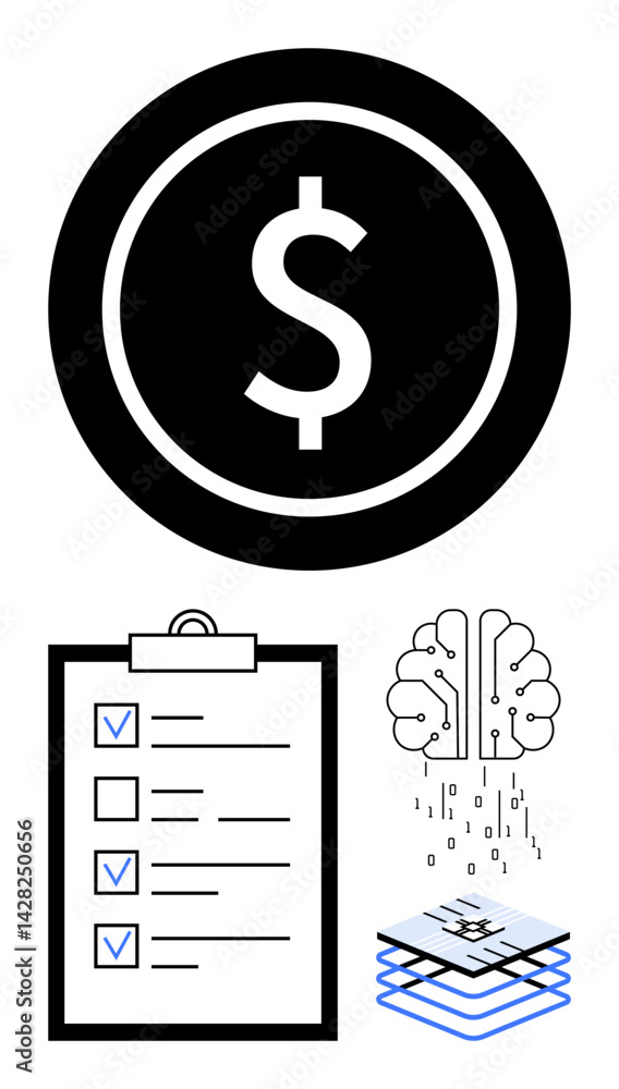 Poster dollar icon, checklist with checkmarks, ai brain with neural elements, and data layers. ideal for bu