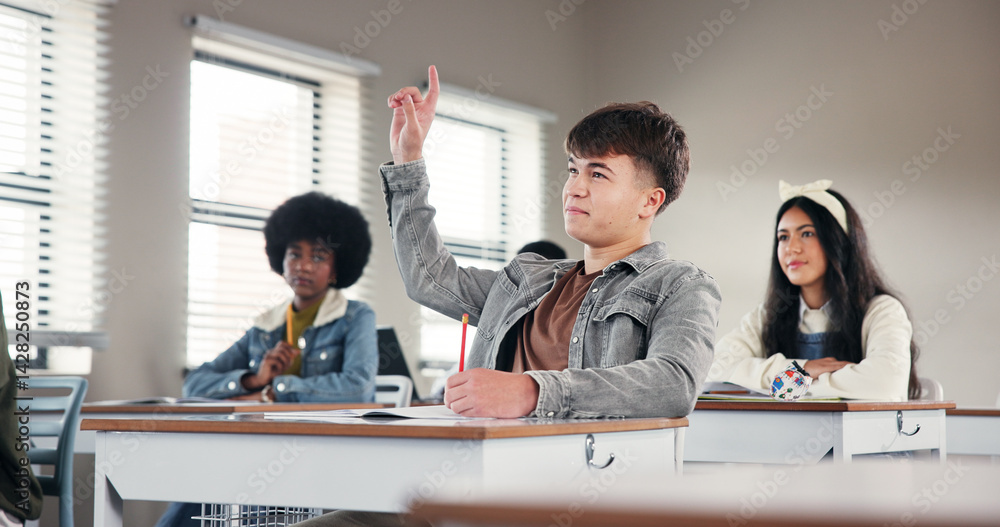 Poster question, hands up and boy in classroom with answer for lesson, learning and education. high school,