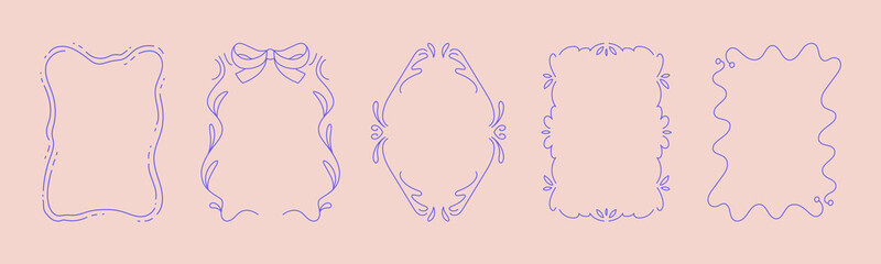 Collection of doodle hand drawn trendy frames with wavy lines, bows and ribbons. Minimalist line art for birthday, christmas, wedding Invitations.