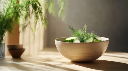 Artistic shot of creamy cucumber salad in a ceramic bowl, with a scattering of extra dill and perhaps a drizzle of olive oil. Simple and flavorful vegetarian fare.