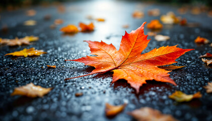 Vibrant red maple leaf on rain-soaked pavement in autumn glow