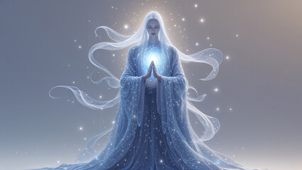 Mystical woman in meditation with glowing orb and sparkling stars backdrop