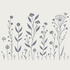 Hand drawn wild flowers Botanical drawing. line art grasses, stems illustration. Black and White Meadow herbs. Herbaceous blooming plants. Set of outline doodle floral sketch Leaves