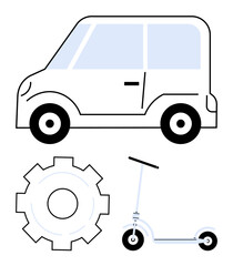 Compact car, mechanical gear, and kick scooter representing mobility, mechanics, and urban transport. Ideal for innovation, engineering, city planning, eco travel technology mechanics simple