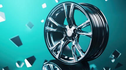 Shiny metallic car rim with reflections on a turquoise background with geometric patterns