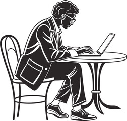 Minimalist Vector Illustration of a Man Typing on Laptop at a Round Table
