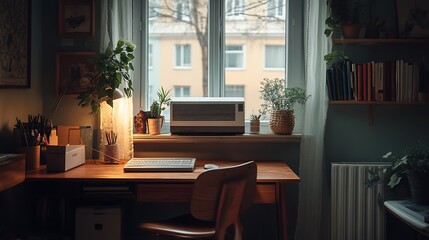 Fototapeta premium Cozy Home Office Setup with Wooden Desk and Plants
