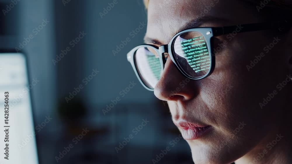 Aufkleber Close up view revealing concentrated programmer wearing glasses, reflecting illuminated code while working intently during late night software development session