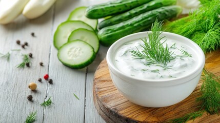 Bowl of creamy cucumber salad on a wooden surface, emphasizing the natural ingredients - fresh cucumbers, creamy dressing, and vibrant dill. Simple vegetarian goodness.
