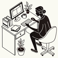 Minimalist Vector Illustration of a Woman Working on Desktop at Organized Home Office Desk