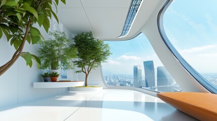 Bright, airy futuristic meeting room, subtle digital code patterns integrated into the wall design, a clear view of the urban landscape. Strategic planning for tomorrow.