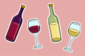 Wine Bottle and Glass Set: Red & White. One Line Drawing.