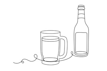 Beer Bottle with Beer Mug. One Continuous Line Minimalist Illustration.