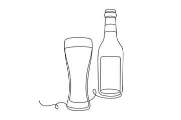 Beer Bottle and Glass Set. Continuous One Line Vector Drawing.