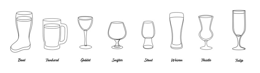 Beer Glassware Set: Boot, Snifter, Goblet, and More. Line Art.