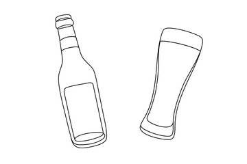 Beer Bottle and Glass Set. One Continuous Line Minimalist Illustration