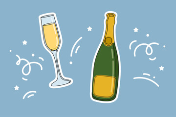 Champagne Bottle and Glass. One Continuous Line Colour Vector Drawing.