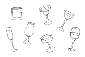 Cocktail Glassware Set. One Line Minimalist Illustration.
