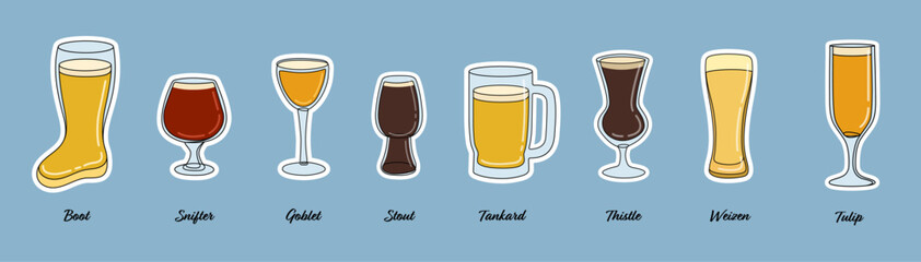 Beer Glassware Set: Boot, Snifter, Goblet, and More. Colour Line Art.