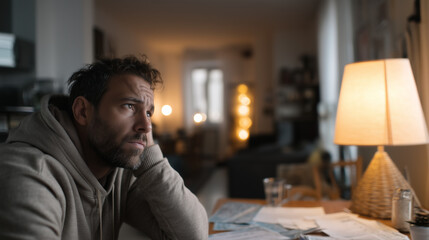 Fototapeta premium A tired man sits alone in a dimly lit apartment with minimal furniture. Unpaid bills lie scattered on the table. Shadows from a single lamp highlight his worried expression and muted surroundings.