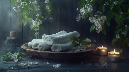 A serene arrangement of rolled towels, flowers, and candles, evoking relaxation and wellness.