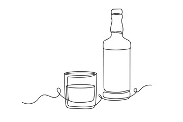 Whiskey Bottle and Glass. One Continuous Line Vector Illustration.
