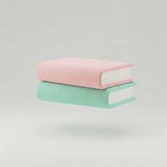 Minimalist 3D render of floating stack of two fluffy books. Pastel pink and green soft texture covers. Cozy reading, learning, education, library concept on light background.