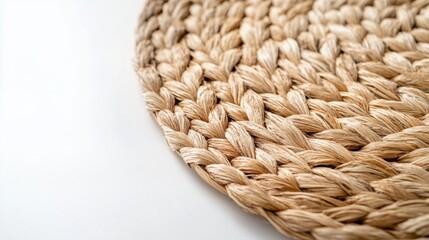 Close-up of circular straw mat with detailed weave against clean white