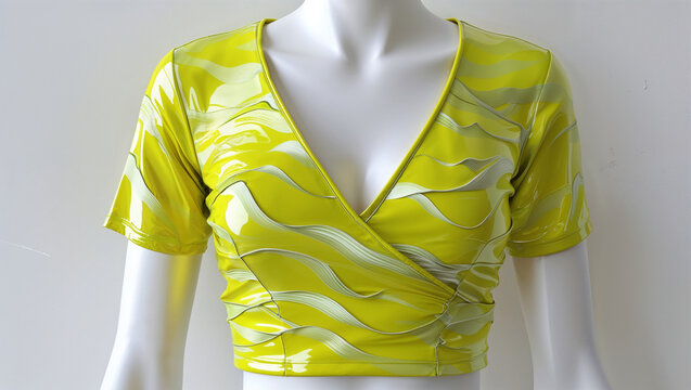 Stylish yellow and white patterned crop top on a mannequin torso
