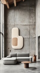 Modern living room featuring concrete wall, grey sofa, and unique abstract art
