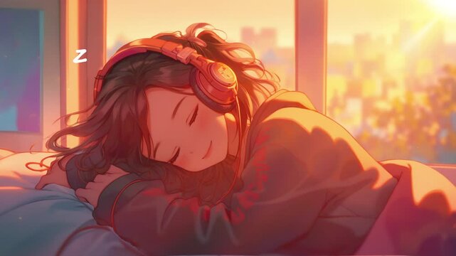 A seamless loop animation of an anime girl sleeping at her desk with headphones on, bathed in soft morning sun rays. A calm and aesthetic moment perfect for relaxation, study, or ambient-themed visual