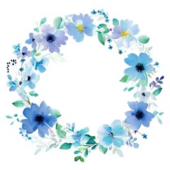 Fototapeta premium Watercolor floral wreath with blue and purple flowers and green leaves on white background