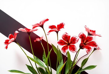 Obraz premium Striking red & white flowers on white, bisected by a bold black & red stripe, floral, red flowers