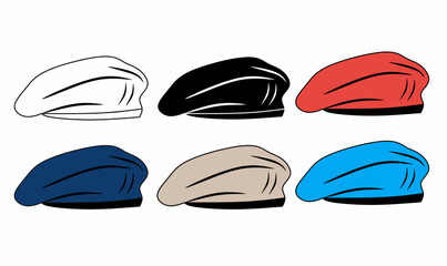 Vector set outline silhouette of colorful beret hats in flat style. Perfect for fashion design, accessories, French culture, and stylish headwear illustrations.Colorful French Cap Icons