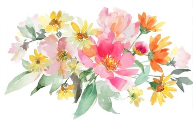 Watercolor illustration of pink peonies and green leaves with birds on white background