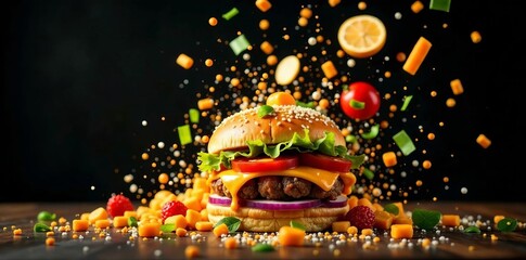 Stunning high-speed capture of delicious ingredients flying in mid-air in a tantalizing food explosion shot on black backdrop, flying, shot
