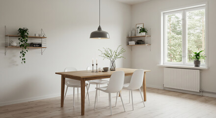 Bright Dining Room Shows Wooden Table with Chairs, Plants, and Natural Light