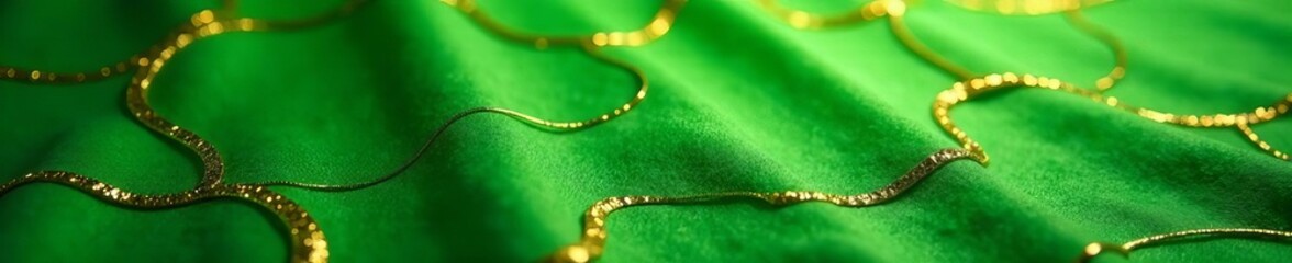 Fototapeta premium Stylish backdrop of shimmering gold lines on lush green surface, shimmering, gold
