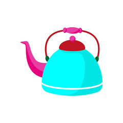 Bright kettle shape. Colorful tea pot. Curved handle vector. Red spout design